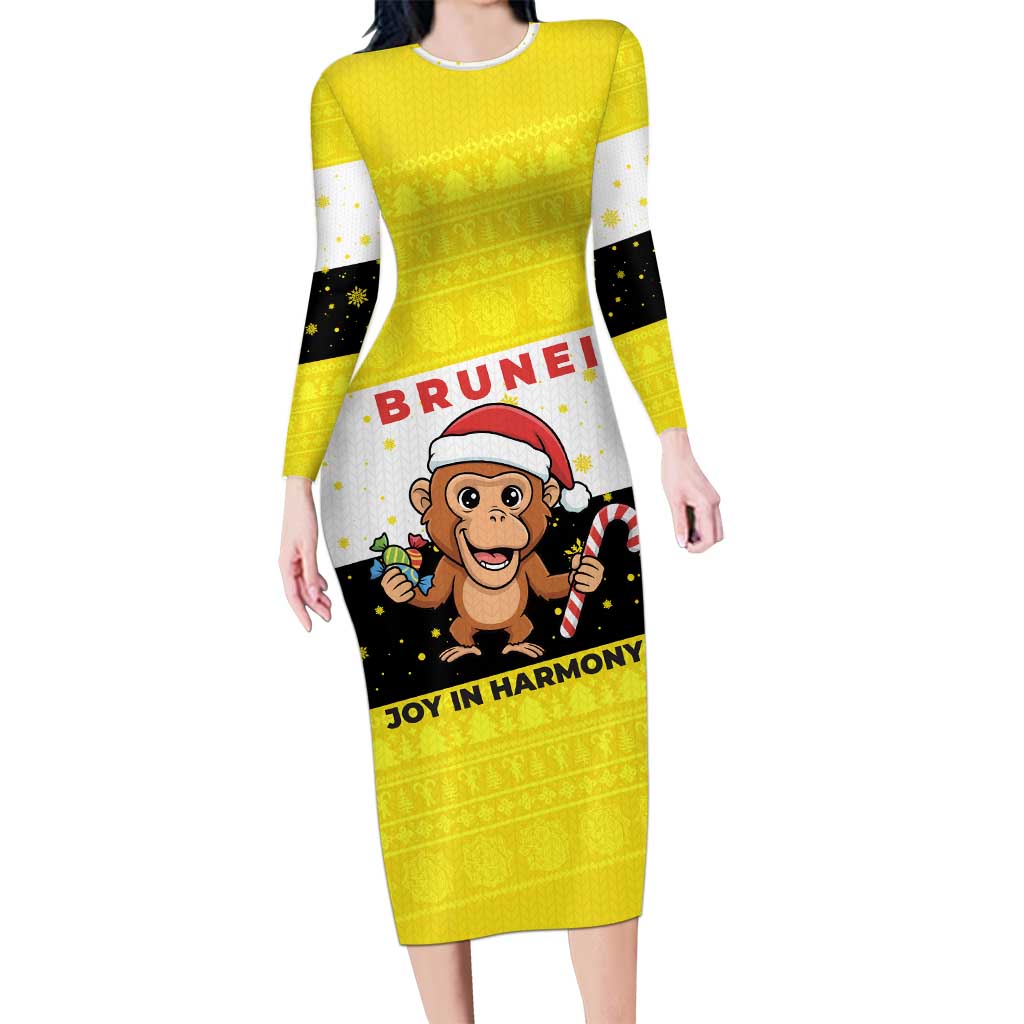 Brunei Christmas Long Sleeve Bodycon Dress with Cartoon Monkey Santa Hat Candy Cane and Yellow Black Flag Pattern - Wonder Print Shop