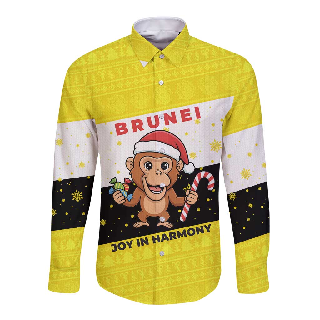 Brunei Christmas Long Sleeve Button Shirt with Cartoon Monkey Santa Hat Candy Cane and Yellow Black Flag Pattern - Wonder Print Shop