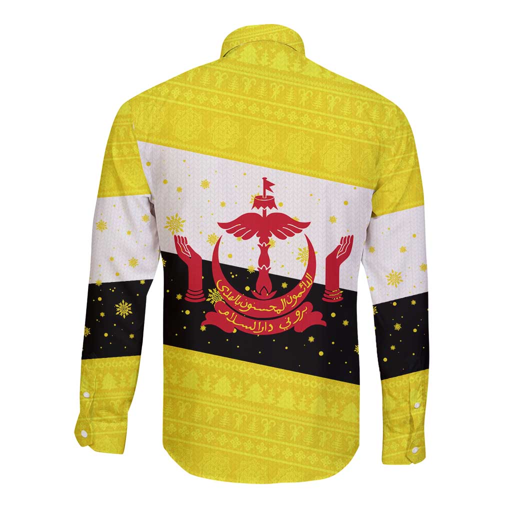Brunei Christmas Long Sleeve Button Shirt with Cartoon Monkey Santa Hat Candy Cane and Yellow Black Flag Pattern - Wonder Print Shop