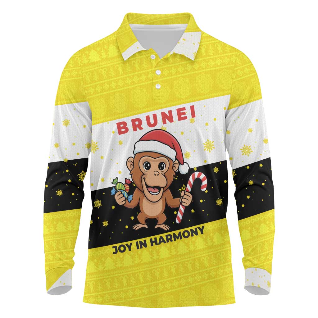 Brunei Christmas Long Sleeve Polo Shirt with Cartoon Monkey Santa Hat Candy Cane and Yellow Black Flag Pattern - Wonder Print Shop
