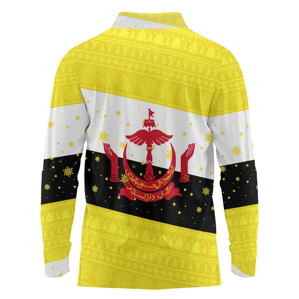 Brunei Christmas Long Sleeve Polo Shirt with Cartoon Monkey Santa Hat Candy Cane and Yellow Black Flag Pattern - Wonder Print Shop