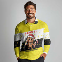 Brunei Christmas Long Sleeve Polo Shirt with Cartoon Monkey Santa Hat Candy Cane and Yellow Black Flag Pattern - Wonder Print Shop