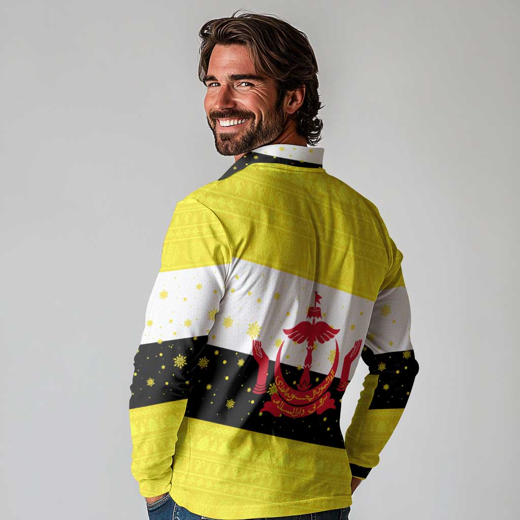 Brunei Christmas Long Sleeve Polo Shirt with Cartoon Monkey Santa Hat Candy Cane and Yellow Black Flag Pattern - Wonder Print Shop