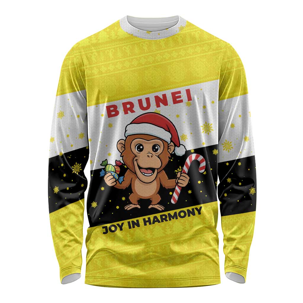Brunei Christmas Long Sleeve Shirt with Cartoon Monkey Santa Hat Candy Cane and Yellow Black Flag Pattern - Wonder Print Shop