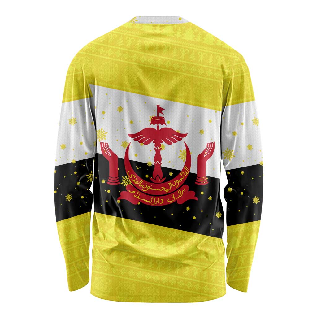 Brunei Christmas Long Sleeve Shirt with Cartoon Monkey Santa Hat Candy Cane and Yellow Black Flag Pattern - Wonder Print Shop
