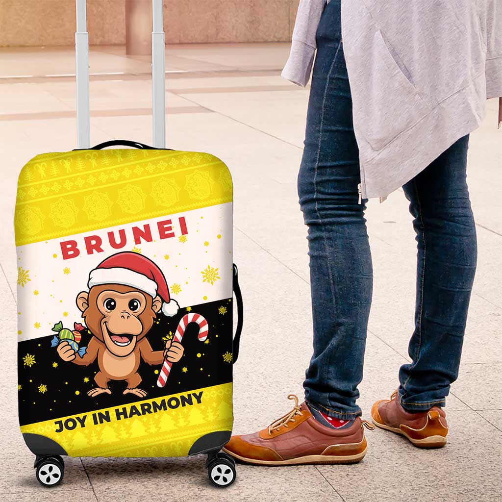 Brunei Christmas Luggage Cover with Cartoon Monkey Santa Hat Candy Cane and Yellow Black Flag Pattern - Wonder Print Shop