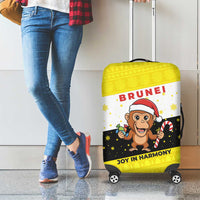 Brunei Christmas Luggage Cover with Cartoon Monkey Santa Hat Candy Cane and Yellow Black Flag Pattern - Wonder Print Shop