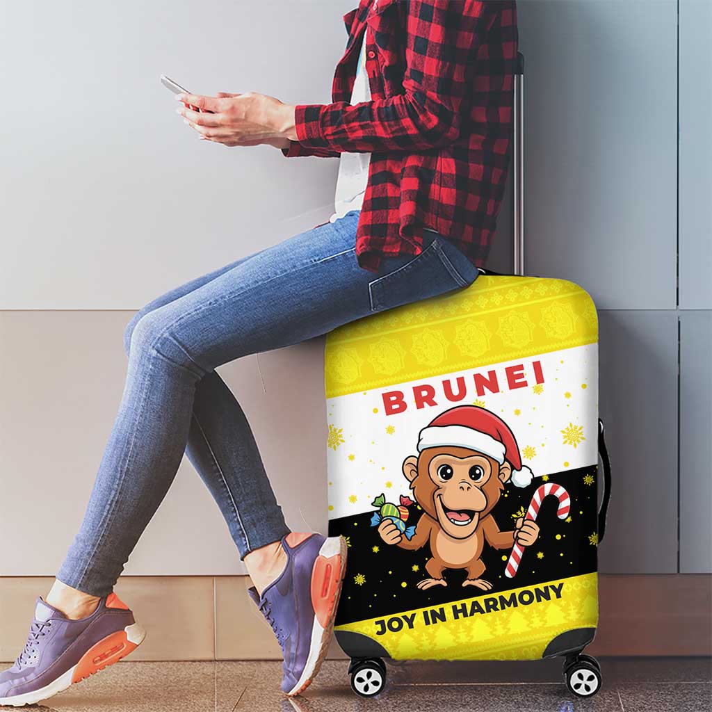 Brunei Christmas Luggage Cover with Cartoon Monkey Santa Hat Candy Cane and Yellow Black Flag Pattern - Wonder Print Shop
