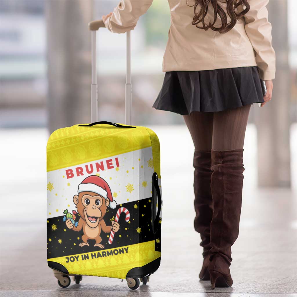 Brunei Christmas Luggage Cover with Cartoon Monkey Santa Hat Candy Cane and Yellow Black Flag Pattern - Wonder Print Shop