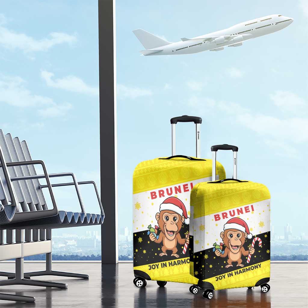 Brunei Christmas Luggage Cover with Cartoon Monkey Santa Hat Candy Cane and Yellow Black Flag Pattern - Wonder Print Shop
