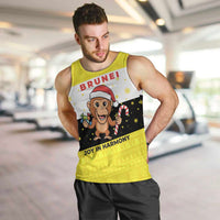 Brunei Christmas Men Tank Top with Cartoon Monkey Santa Hat Candy Cane and Yellow Black Flag Pattern - Wonder Print Shop
