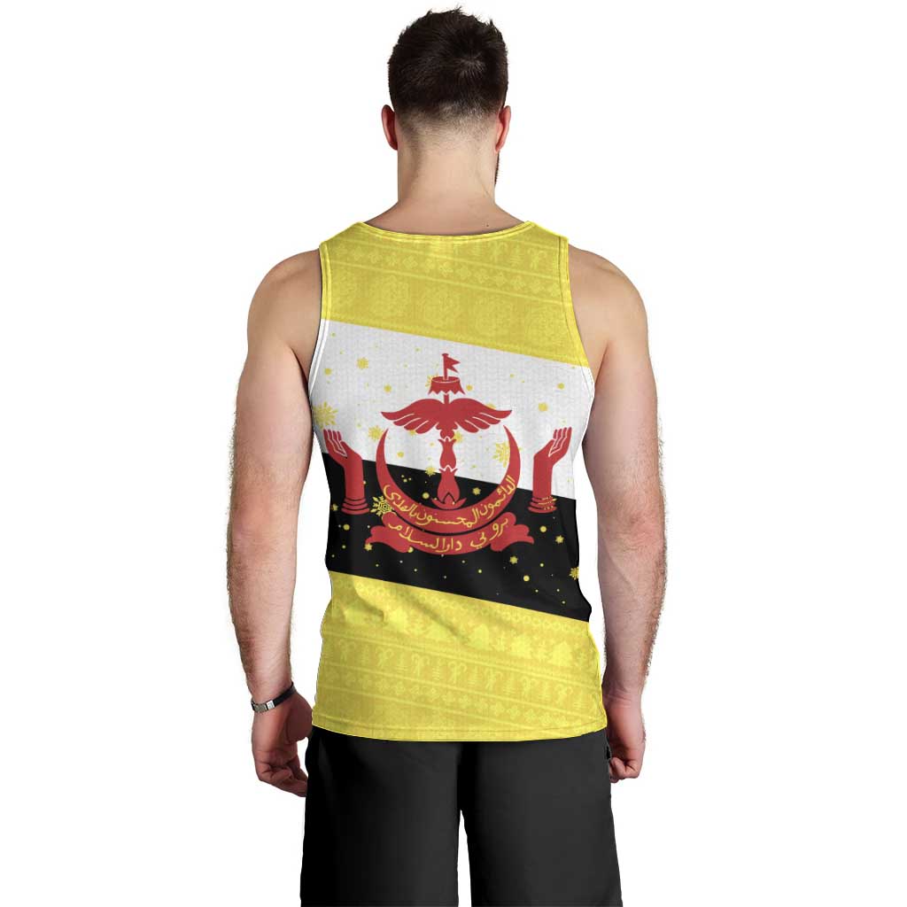 Brunei Christmas Men Tank Top with Cartoon Monkey Santa Hat Candy Cane and Yellow Black Flag Pattern - Wonder Print Shop