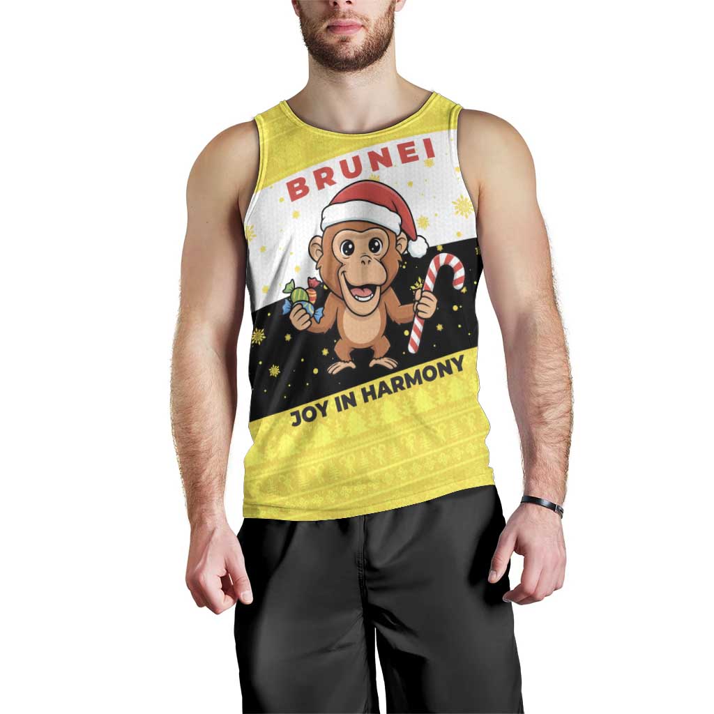 Brunei Christmas Men Tank Top with Cartoon Monkey Santa Hat Candy Cane and Yellow Black Flag Pattern - Wonder Print Shop