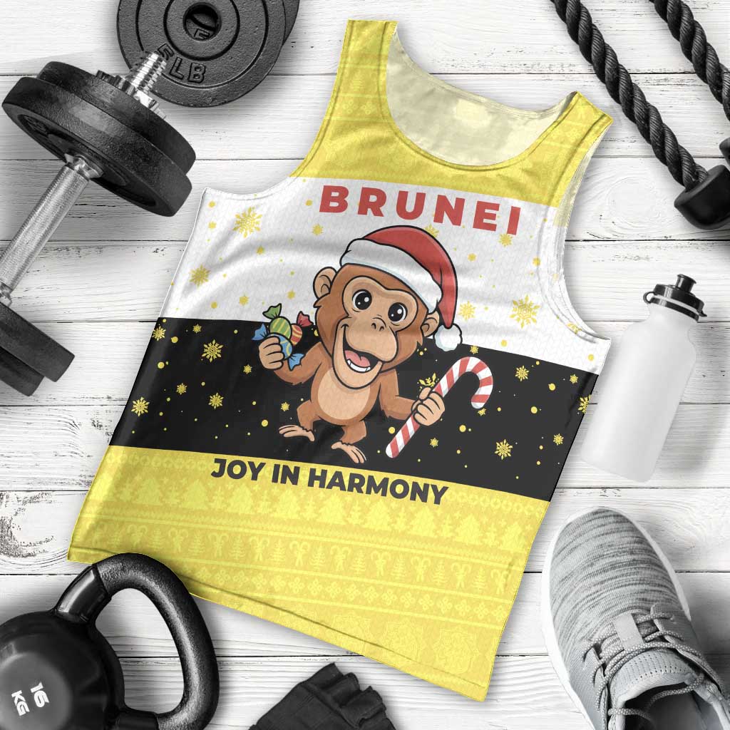 Brunei Christmas Men Tank Top with Cartoon Monkey Santa Hat Candy Cane and Yellow Black Flag Pattern - Wonder Print Shop