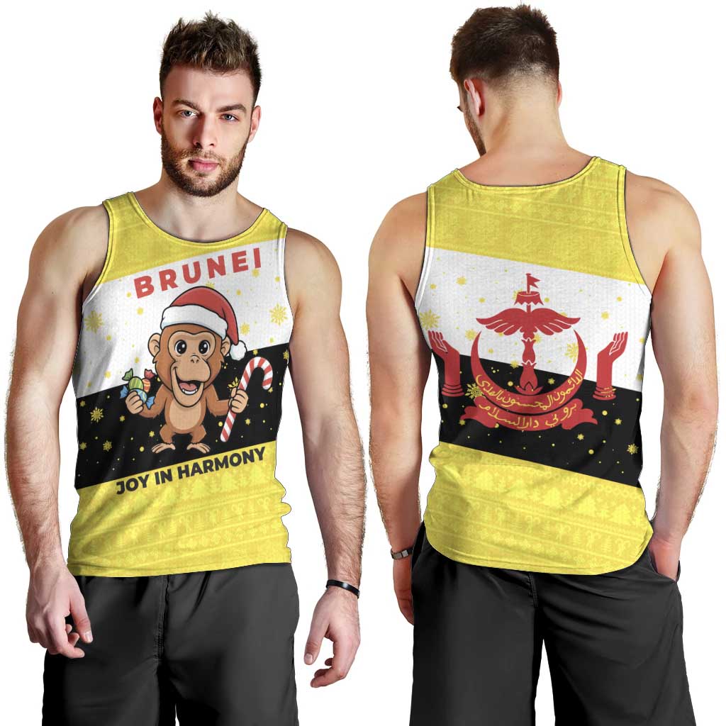 Brunei Christmas Men Tank Top with Cartoon Monkey Santa Hat Candy Cane and Yellow Black Flag Pattern - Wonder Print Shop