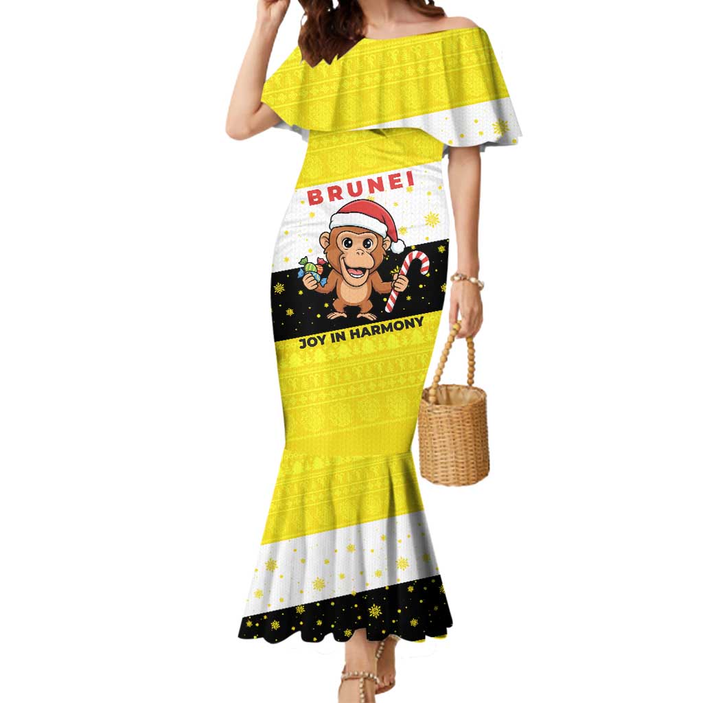 Brunei Christmas Mermaid Dress with Cartoon Monkey Santa Hat Candy Cane and Yellow Black Flag Pattern - Wonder Print Shop
