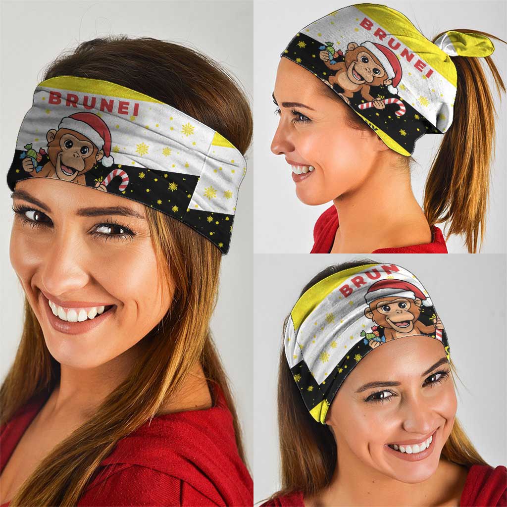 Brunei Christmas Neck Gaiter with Cartoon Monkey Santa Hat Candy Cane and Yellow Black Flag Pattern - Wonder Print Shop