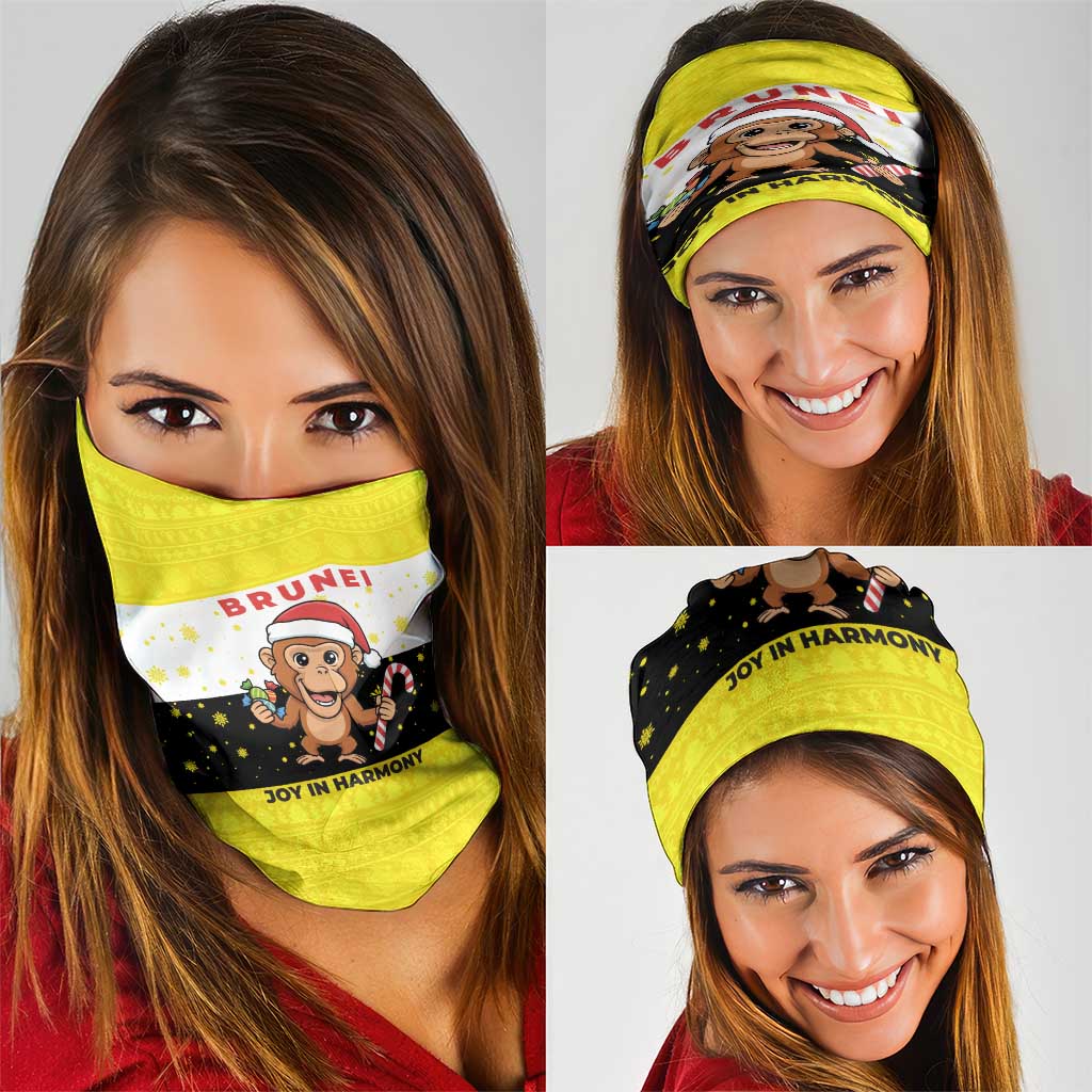 Brunei Christmas Neck Gaiter with Cartoon Monkey Santa Hat Candy Cane and Yellow Black Flag Pattern - Wonder Print Shop