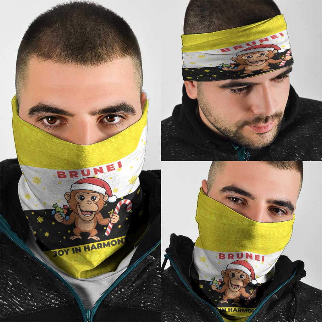 Brunei Christmas Neck Gaiter with Cartoon Monkey Santa Hat Candy Cane and Yellow Black Flag Pattern - Wonder Print Shop