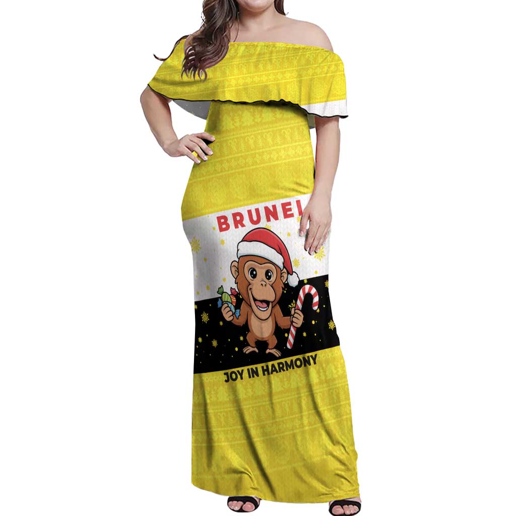 Brunei Christmas Off Shoulder Maxi Dress with Cartoon Monkey Santa Hat Candy Cane and Yellow Black Flag Pattern - Wonder Print Shop