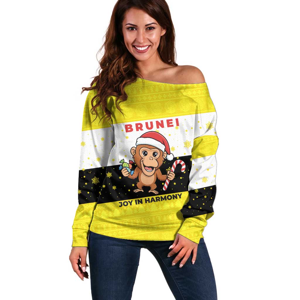 Brunei Christmas Off Shoulder Sweater with Cartoon Monkey Santa Hat Candy Cane and Yellow Black Flag Pattern - Wonder Print Shop