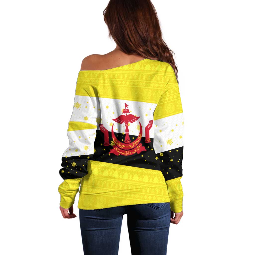 Brunei Christmas Off Shoulder Sweater with Cartoon Monkey Santa Hat Candy Cane and Yellow Black Flag Pattern - Wonder Print Shop