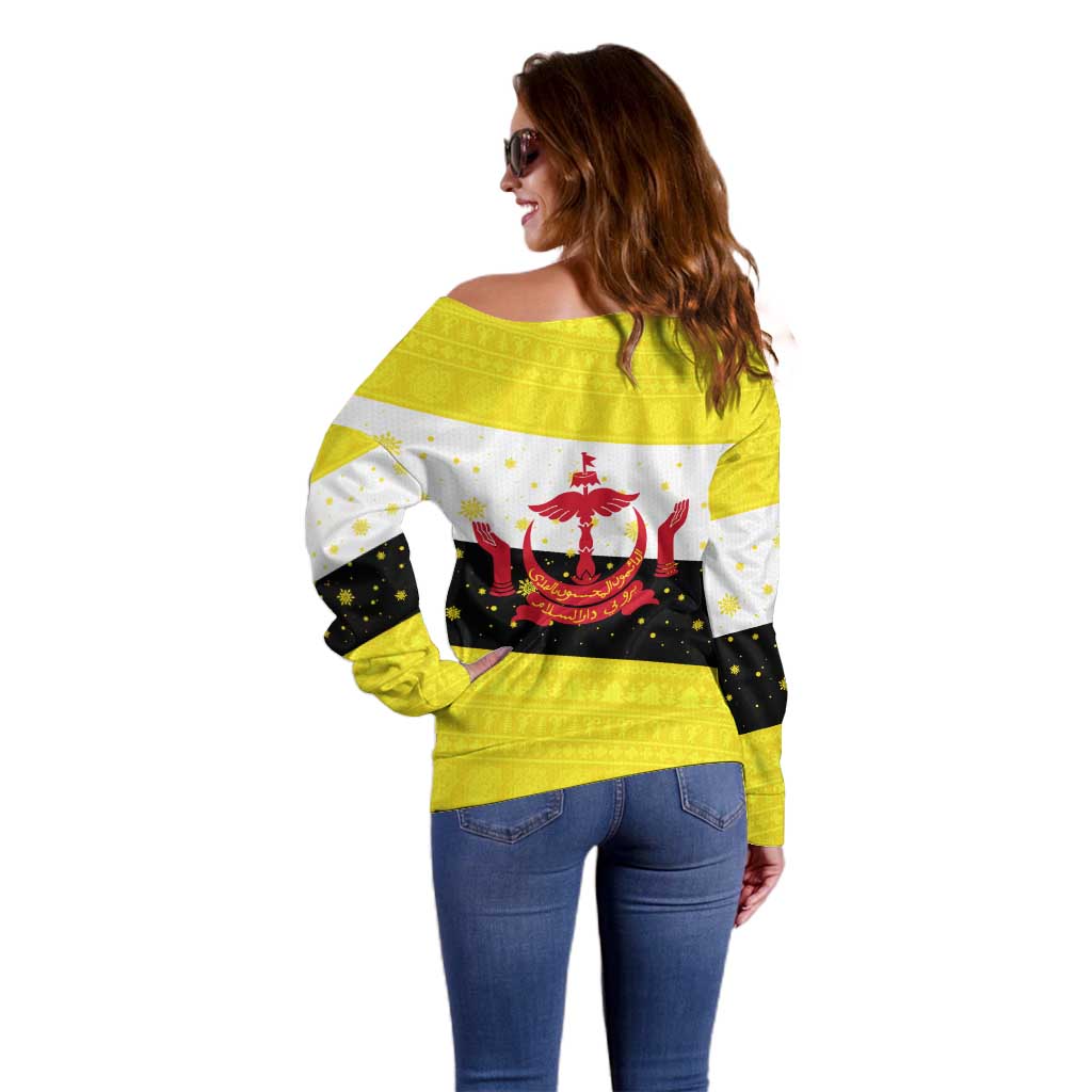 Brunei Christmas Off Shoulder Sweater with Cartoon Monkey Santa Hat Candy Cane and Yellow Black Flag Pattern - Wonder Print Shop