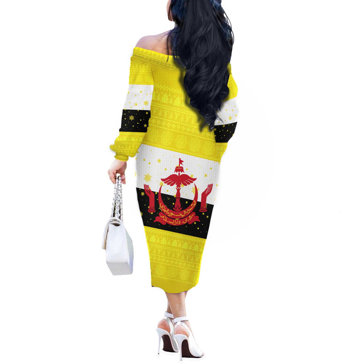 Brunei Christmas Off The Shoulder Long Sleeve Dress with Cartoon Monkey Santa Hat Candy Cane and Yellow Black Flag Pattern - Wonder Print Shop