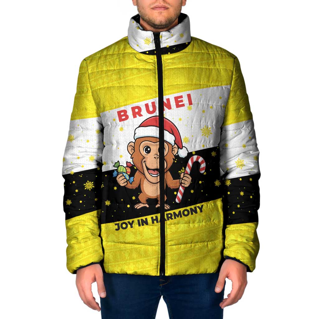 Brunei Christmas Padded Jacket with Cartoon Monkey Santa Hat Candy Cane and Yellow Black Flag Pattern - Wonder Print Shop