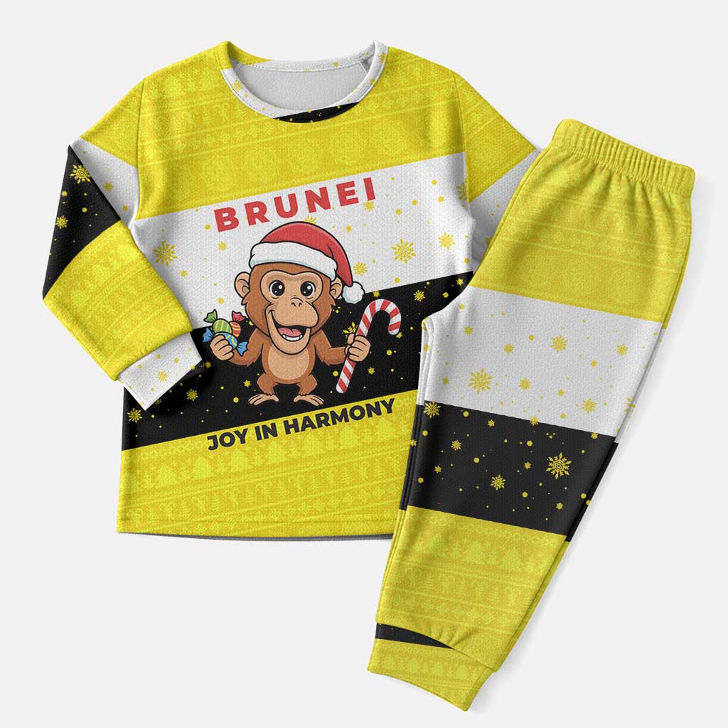 Brunei Christmas Pajama Set with Cartoon Monkey Santa Hat Candy Cane and Yellow Black Flag Pattern - Wonder Print Shop