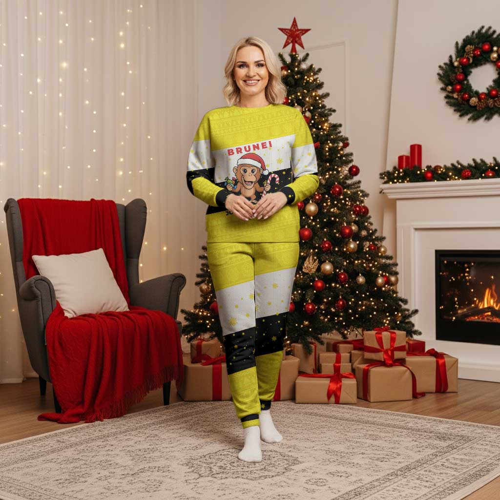 Brunei Christmas Pajama Set with Cartoon Monkey Santa Hat Candy Cane and Yellow Black Flag Pattern - Wonder Print Shop