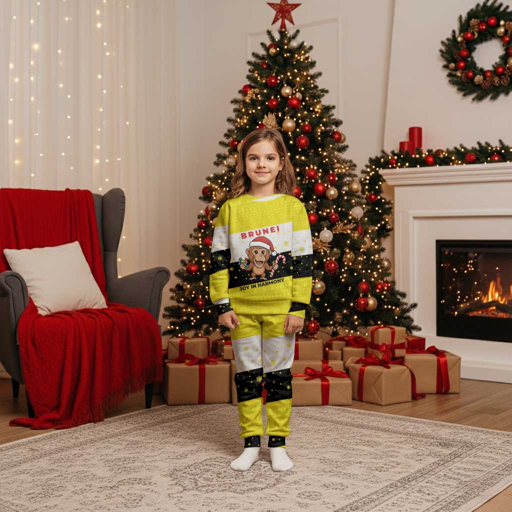 Brunei Christmas Pajama Set with Cartoon Monkey Santa Hat Candy Cane and Yellow Black Flag Pattern - Wonder Print Shop