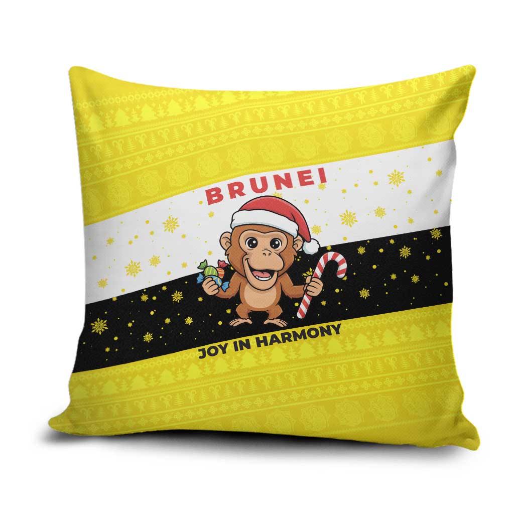 Brunei Christmas Pillow Cover with Cartoon Monkey Santa Hat Candy Cane and Yellow Black Flag Pattern - Wonder Print Shop