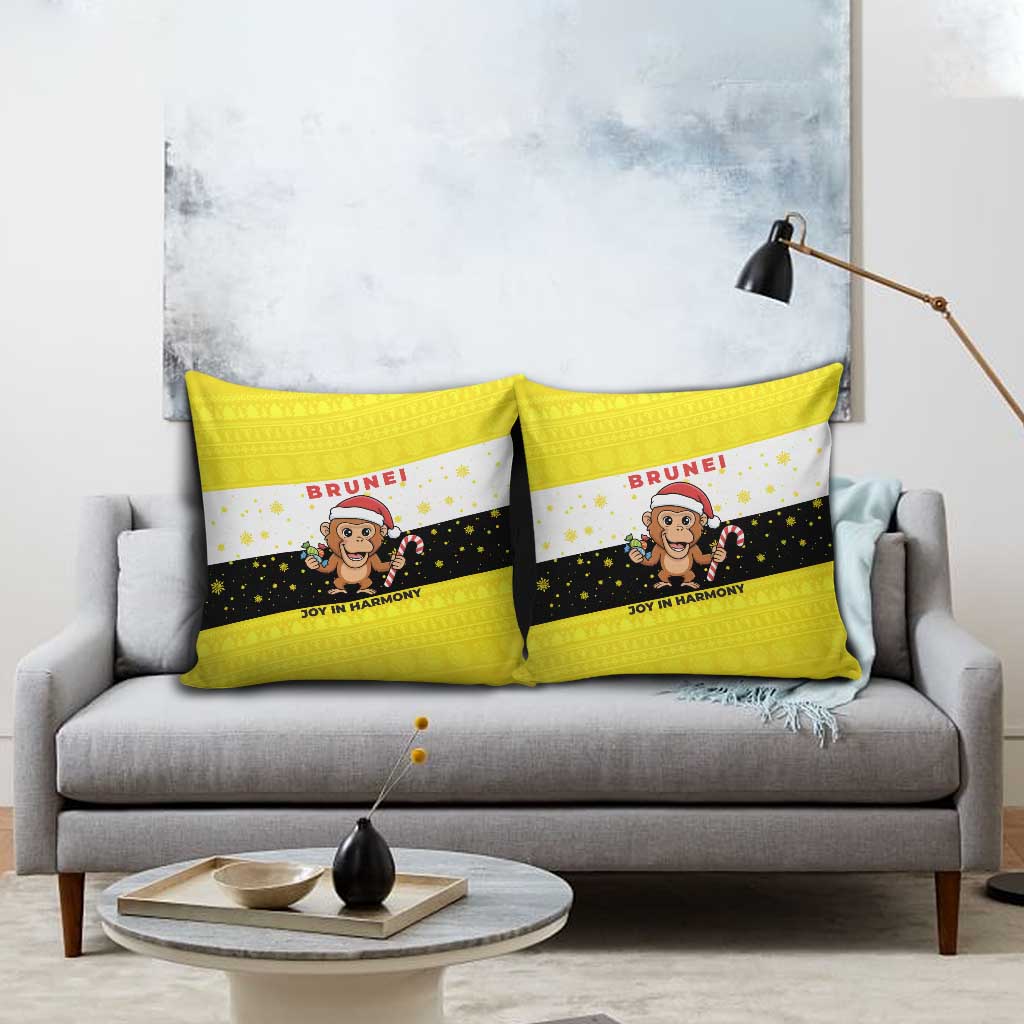 Brunei Christmas Pillow Cover with Cartoon Monkey Santa Hat Candy Cane and Yellow Black Flag Pattern - Wonder Print Shop