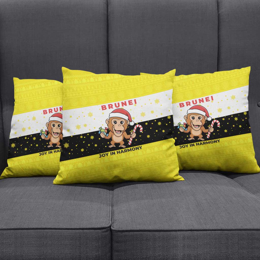 Brunei Christmas Pillow Cover with Cartoon Monkey Santa Hat Candy Cane and Yellow Black Flag Pattern - Wonder Print Shop