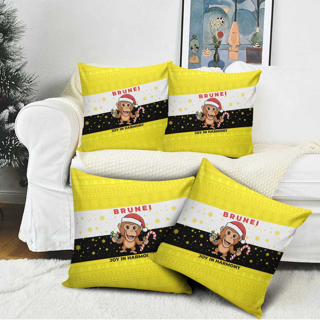 Brunei Christmas Pillow Cover with Cartoon Monkey Santa Hat Candy Cane and Yellow Black Flag Pattern - Wonder Print Shop