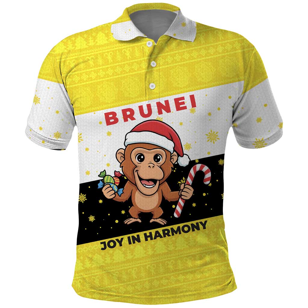 Brunei Christmas Polo Shirt with Cartoon Monkey Santa Hat Candy Cane and Yellow Black Flag Pattern - Wonder Print Shop