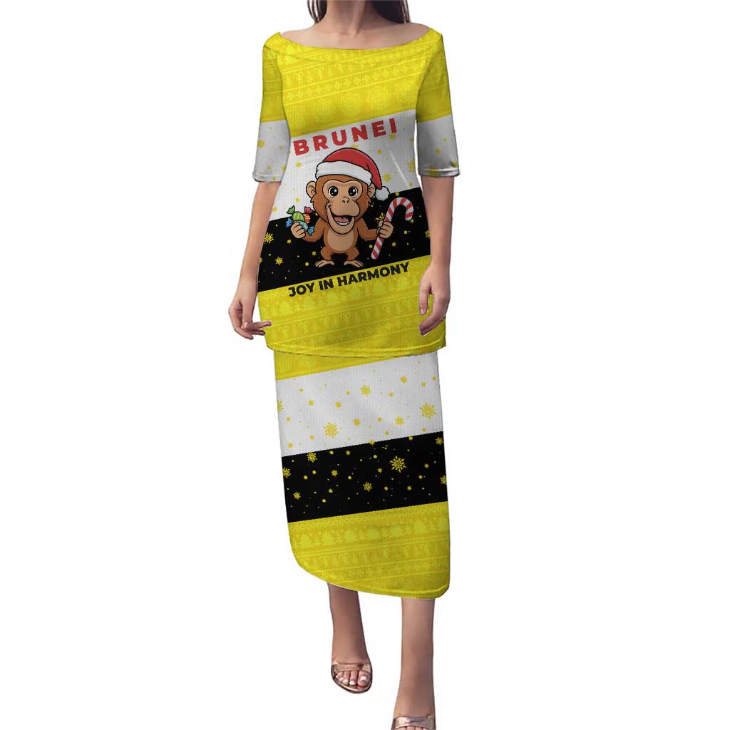 Brunei Christmas Puletasi with Cartoon Monkey Santa Hat Candy Cane and Yellow Black Flag Pattern - Wonder Print Shop