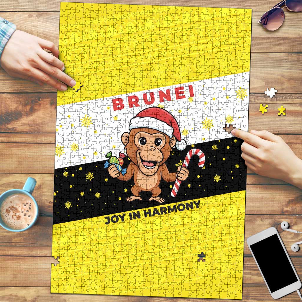 Brunei Christmas Puzzle with Cartoon Monkey Santa Hat Candy Cane and Yellow Black Flag Pattern - Wonder Print Shop