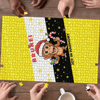 Brunei Christmas Puzzle with Cartoon Monkey Santa Hat Candy Cane and Yellow Black Flag Pattern - Wonder Print Shop