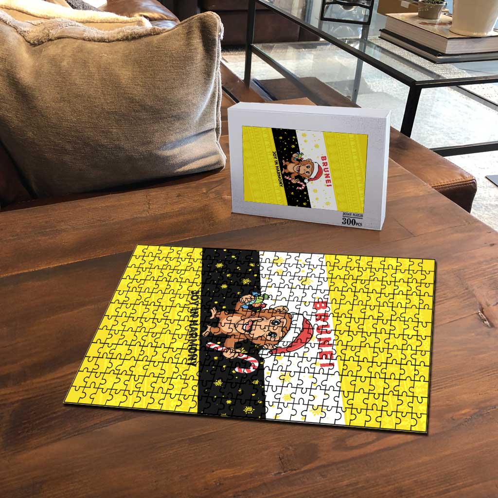 Brunei Christmas Puzzle with Cartoon Monkey Santa Hat Candy Cane and Yellow Black Flag Pattern - Wonder Print Shop