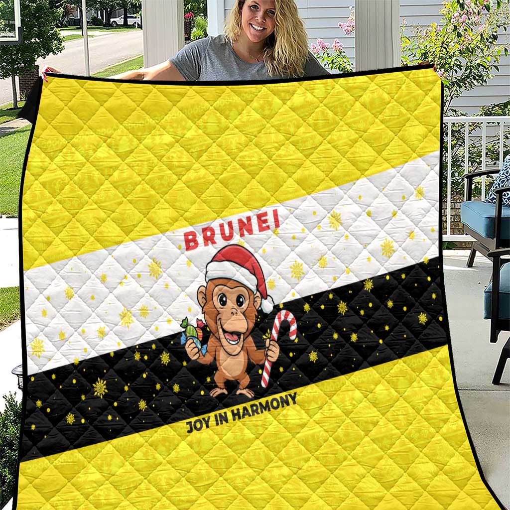 Brunei Christmas Quilt with Cartoon Monkey Santa Hat Candy Cane and Yellow Black Flag Pattern - Wonder Print Shop