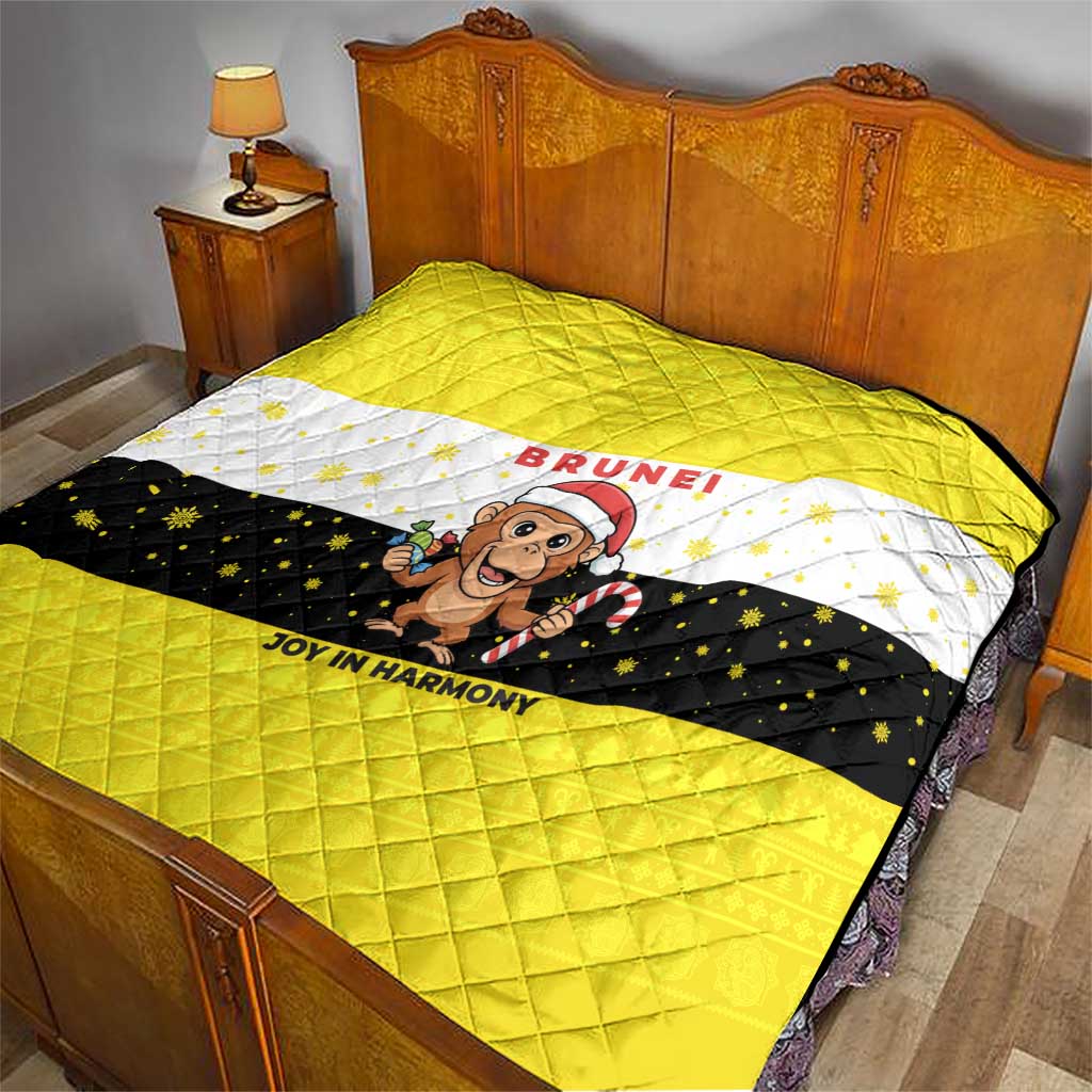 Brunei Christmas Quilt with Cartoon Monkey Santa Hat Candy Cane and Yellow Black Flag Pattern - Wonder Print Shop