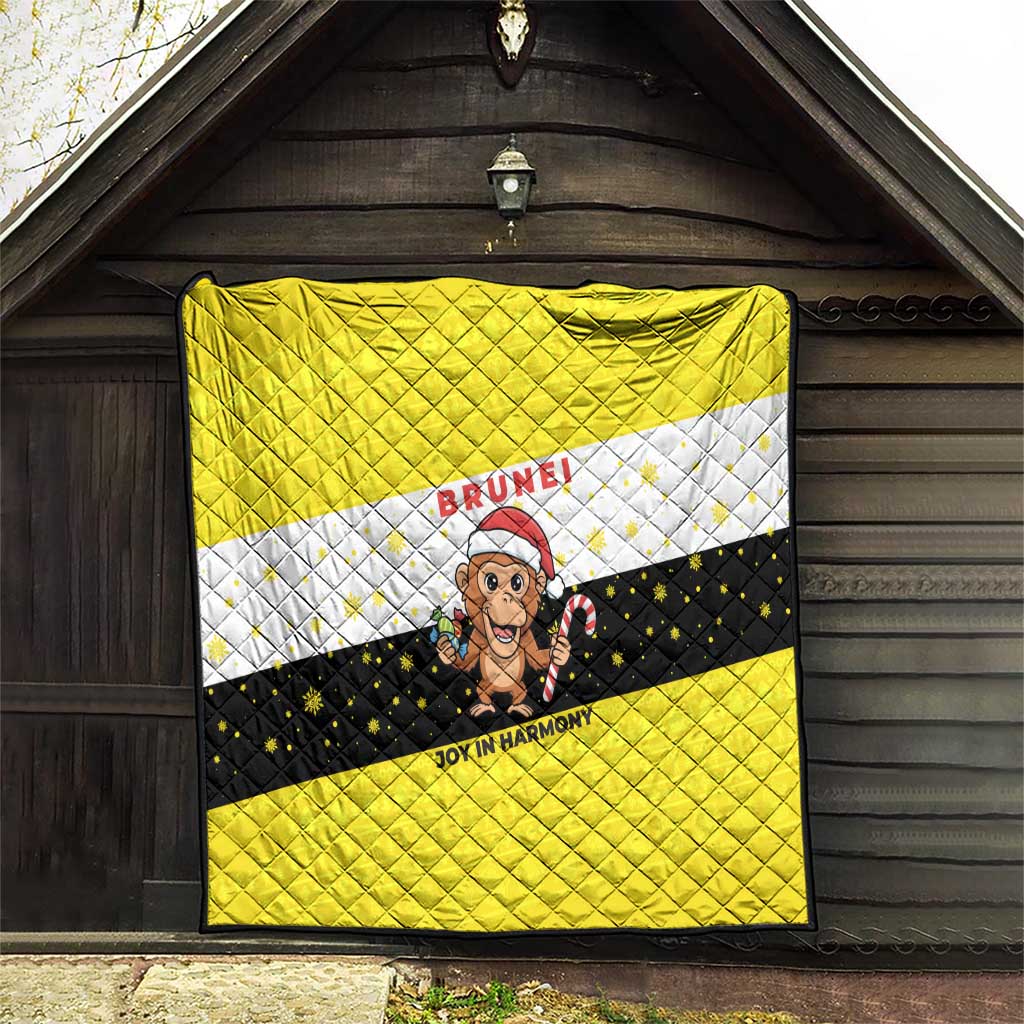 Brunei Christmas Quilt with Cartoon Monkey Santa Hat Candy Cane and Yellow Black Flag Pattern - Wonder Print Shop