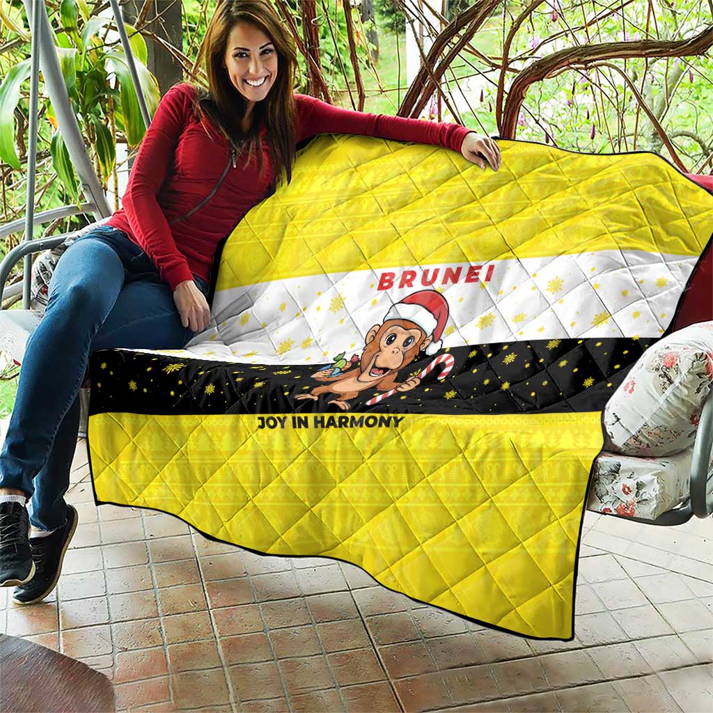 Brunei Christmas Quilt with Cartoon Monkey Santa Hat Candy Cane and Yellow Black Flag Pattern - Wonder Print Shop