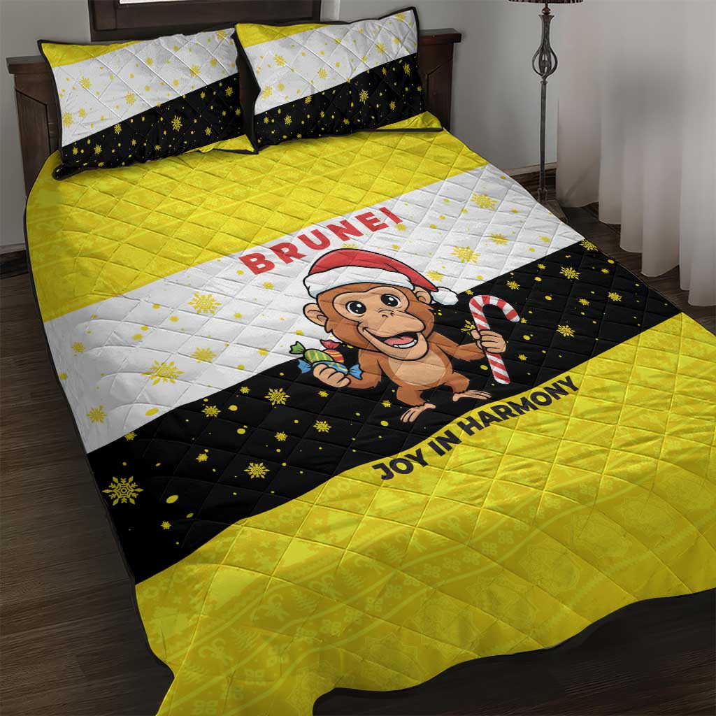 Brunei Christmas Quilt Bed Set with Cartoon Monkey Santa Hat Candy Cane and Yellow Black Flag Pattern - Wonder Print Shop