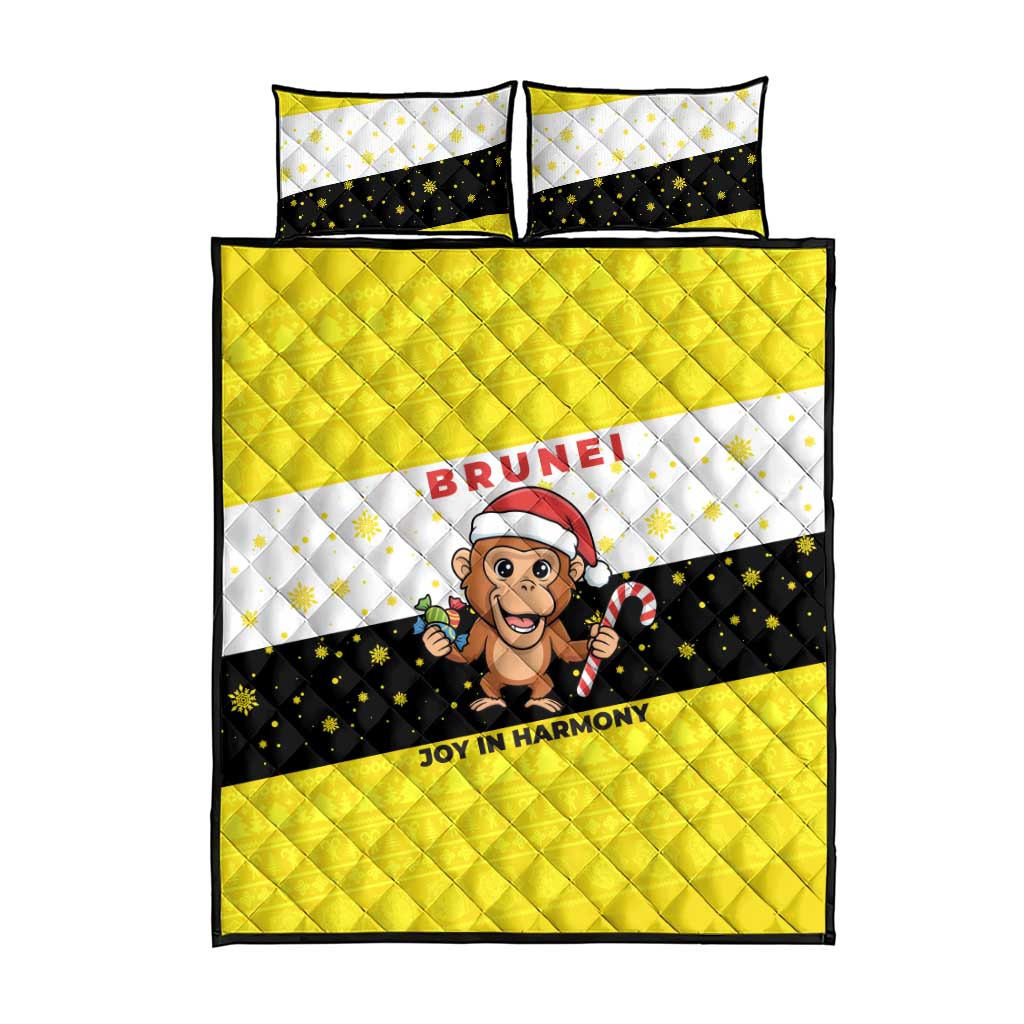 Brunei Christmas Quilt Bed Set with Cartoon Monkey Santa Hat Candy Cane and Yellow Black Flag Pattern - Wonder Print Shop
