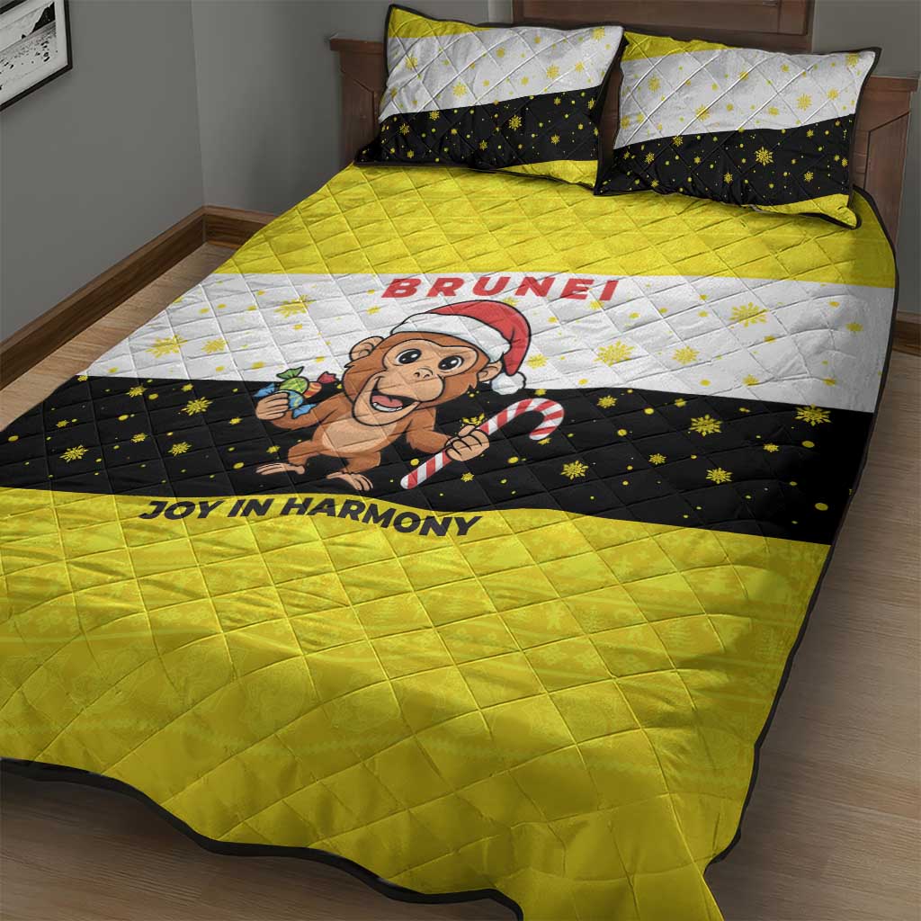 Brunei Christmas Quilt Bed Set with Cartoon Monkey Santa Hat Candy Cane and Yellow Black Flag Pattern - Wonder Print Shop