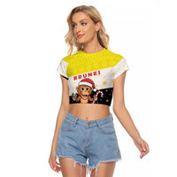 Brunei Christmas Raglan Cropped T Shirt with Cartoon Monkey Santa Hat Candy Cane and Yellow Black Flag Pattern - Wonder Print Shop