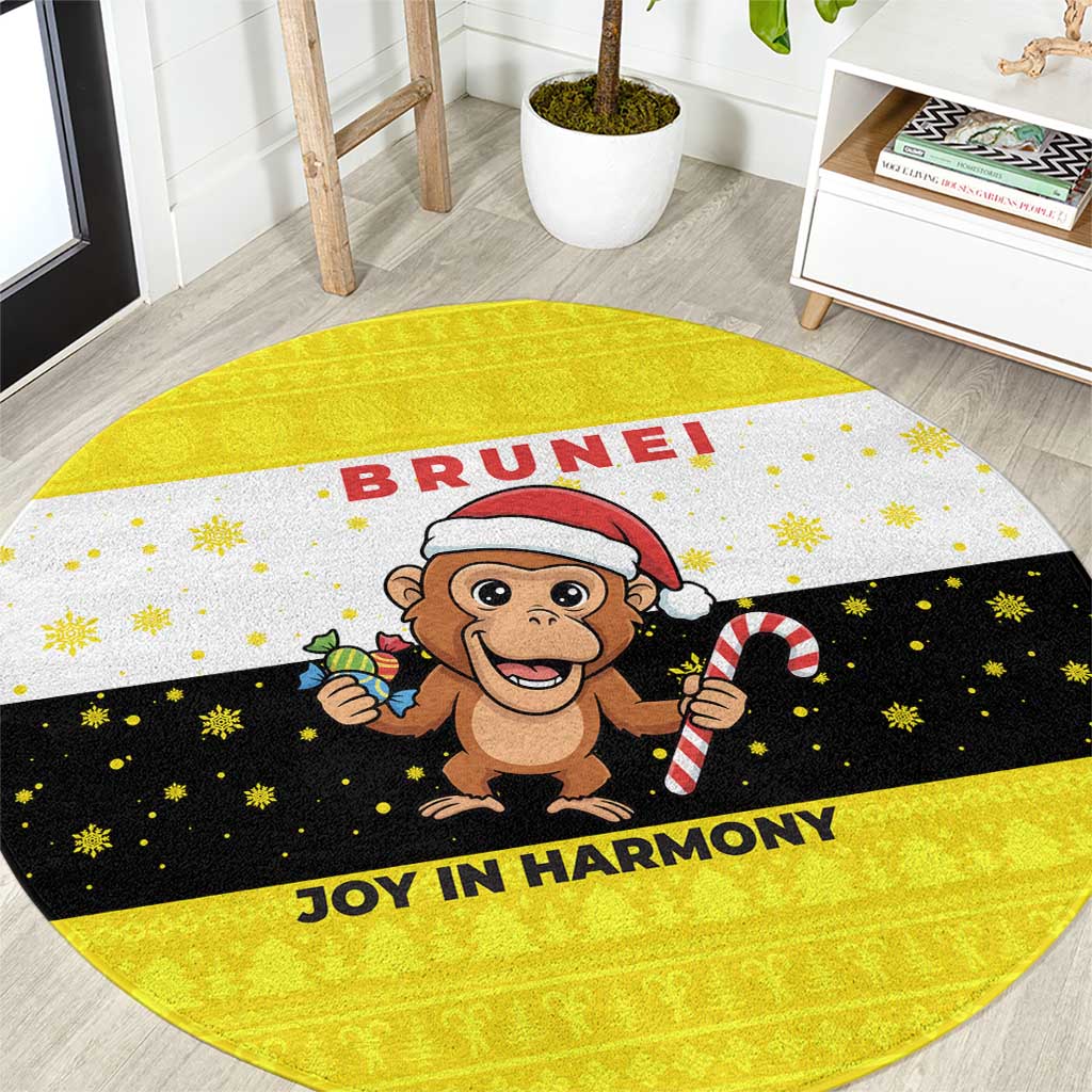 Brunei Christmas Round Carpet with Cartoon Monkey Santa Hat Candy Cane and Yellow Black Flag Pattern - Wonder Print Shop